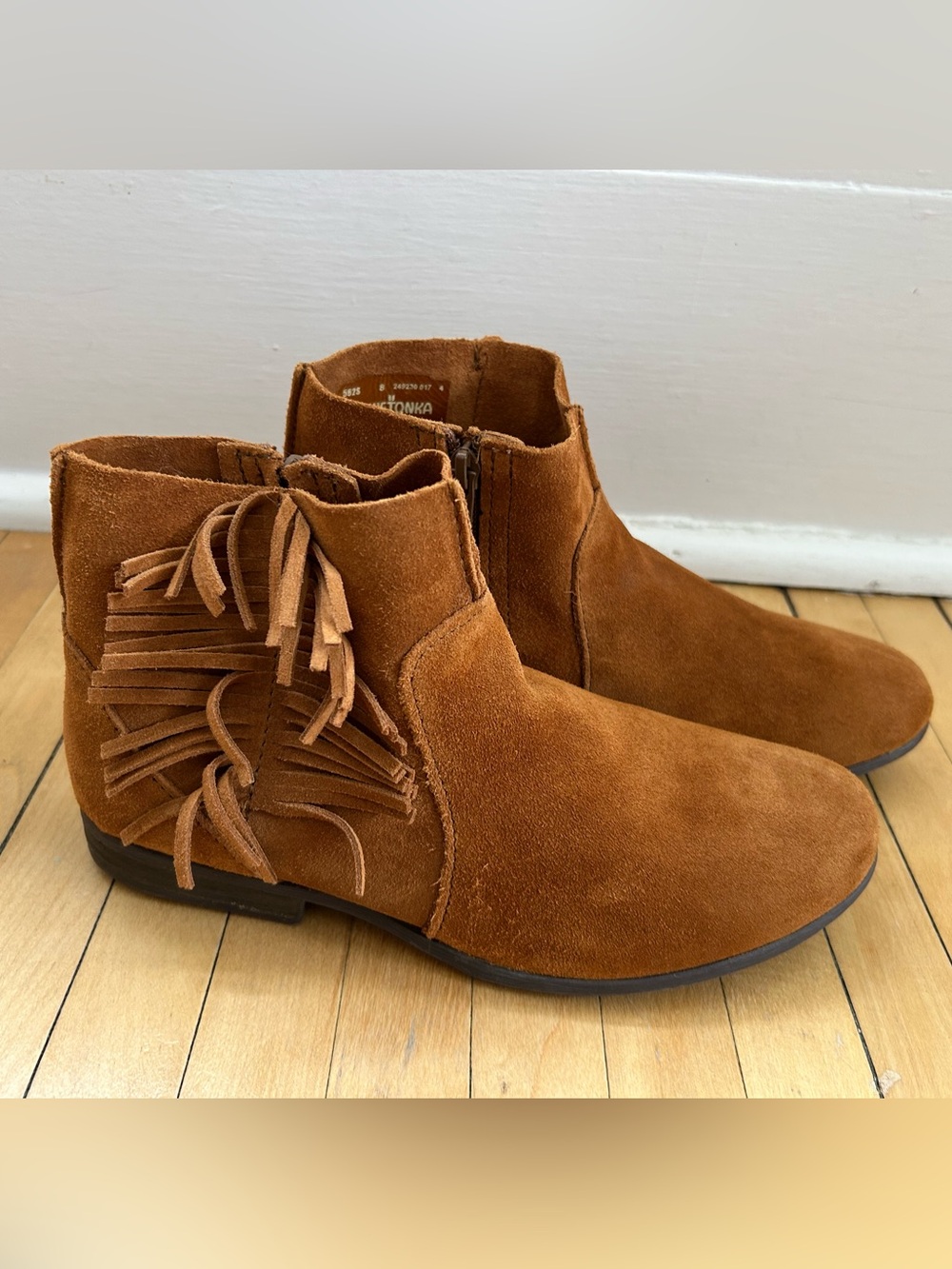 Minnetonka Suede Fringe Ankle Boots - Chestnut Brown